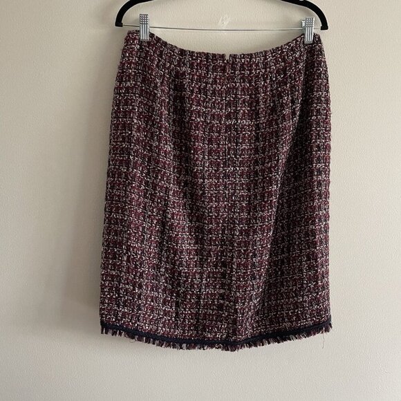 Talbots Women 10 Burgundy Tweed Fringe Hem Button Faux Wrap Pencil Skirt - Picture 8 of 11